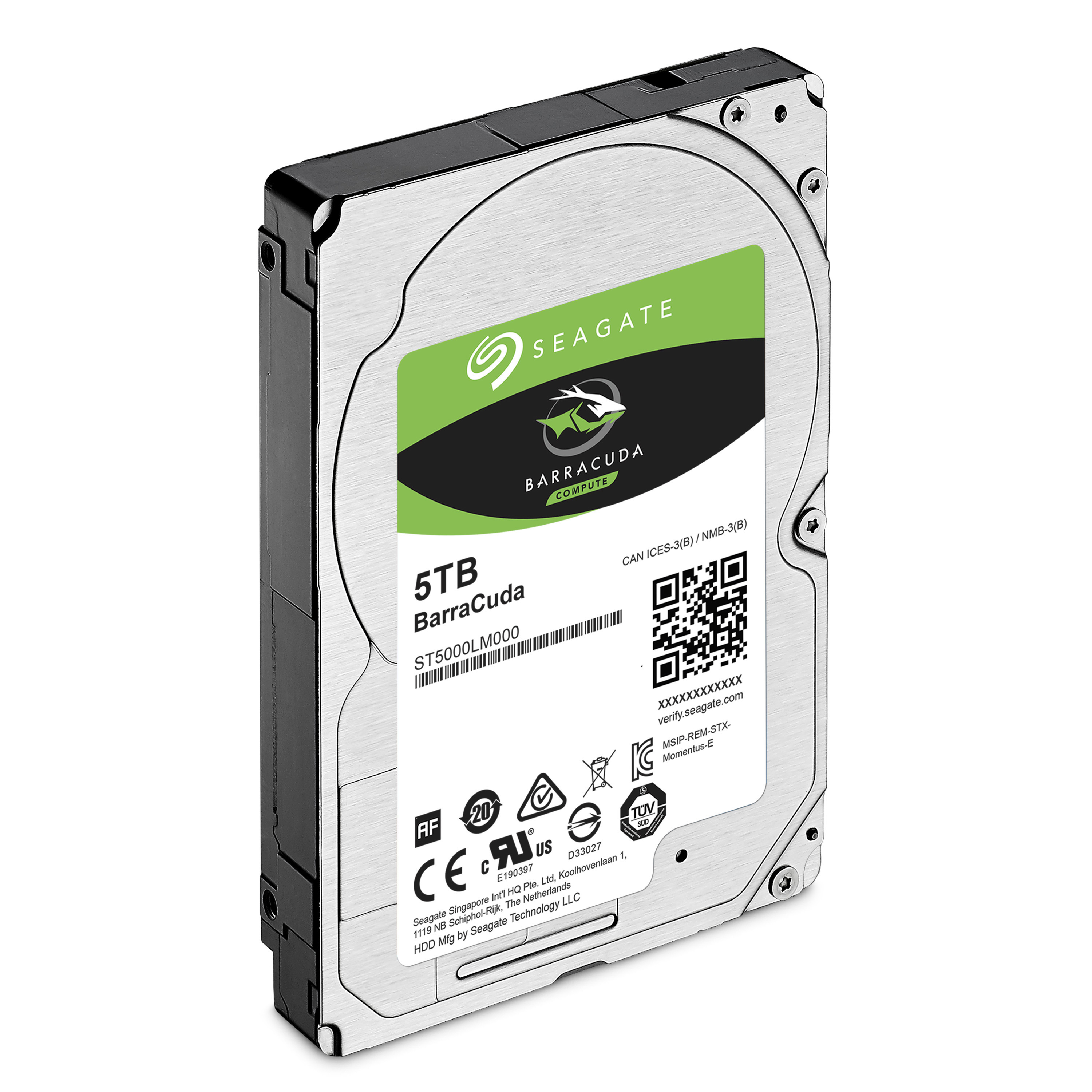 Seagate 5TB Barracuda Festplatte, silber und grün, zeigt Produktdetails.
