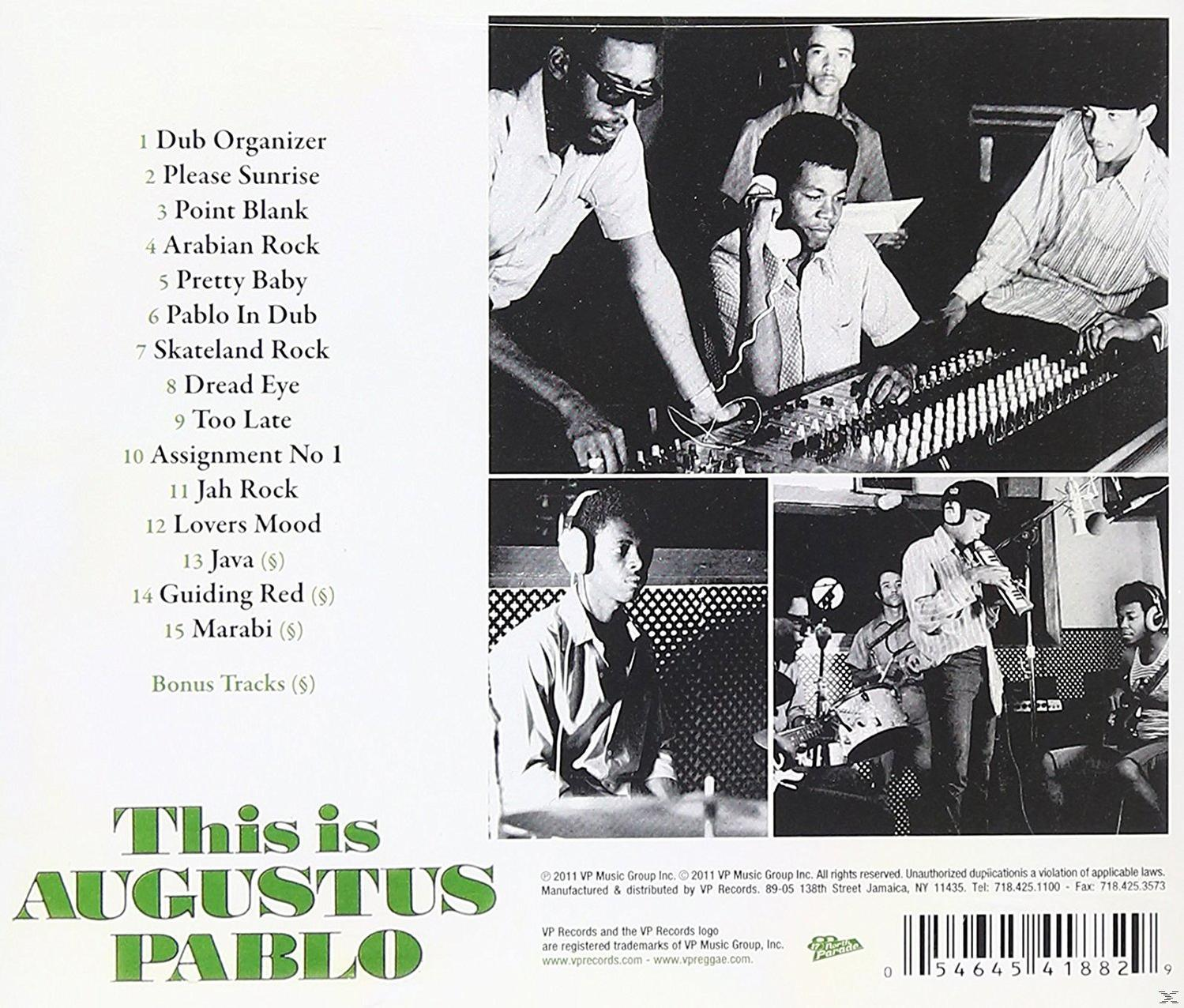 CD-Rückseite mit Titelliste und Fotos von Musikern. Grüner Titeltext 'This is Augustus Pablo'.