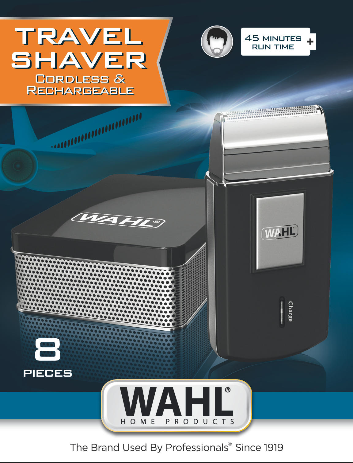 Travel shaver in box. Black and silver, with the brand name Wahl on display.
