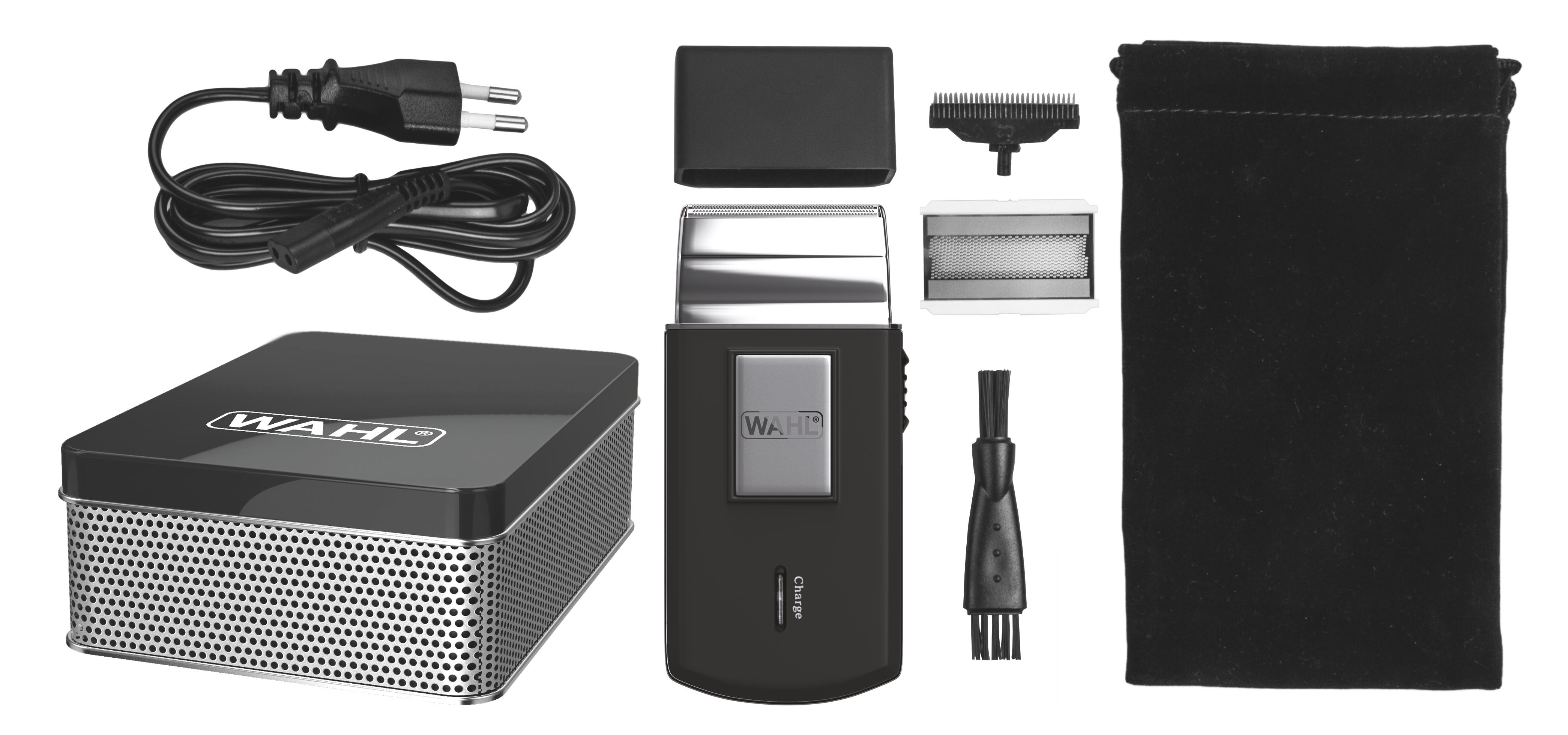 Black electric shaver and accessories: charger, head, blade, bag, brush.