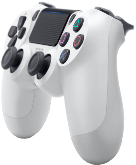 White PlayStation 4 controller with buttons and joysticks. Angled view.