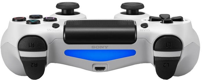White PlayStation 4 controller with buttons and joysticks. The background is white.