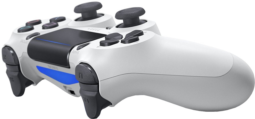 White game controller with black buttons and sticks. Blue light on the bottom.