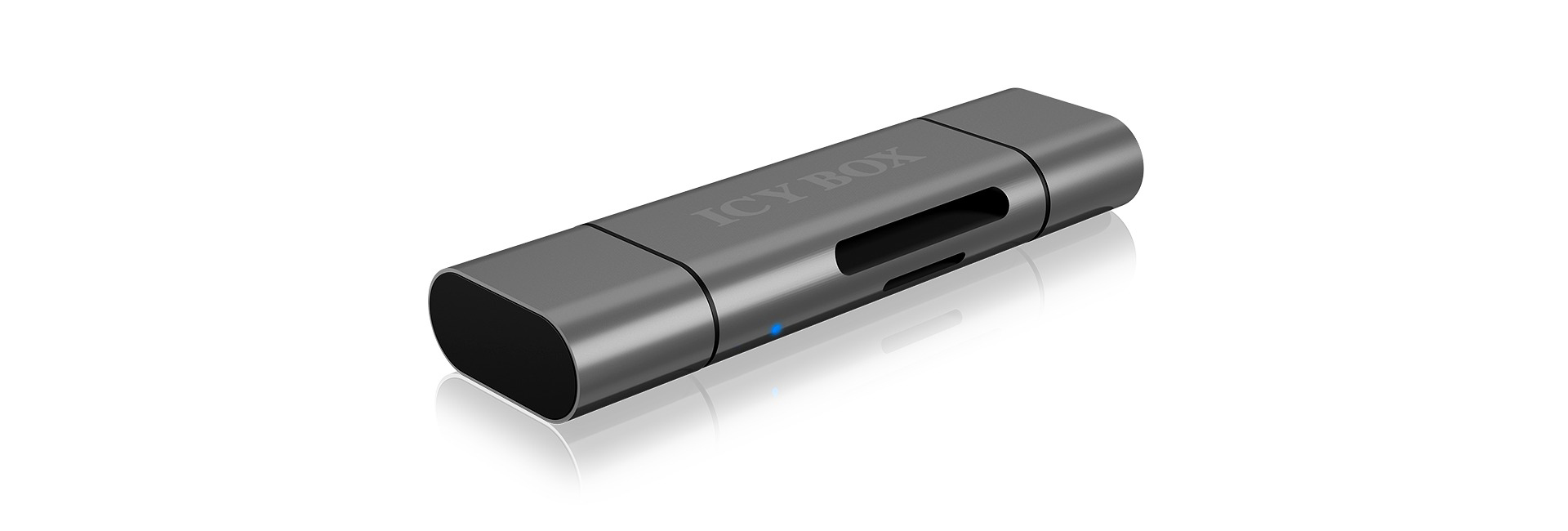Grauer USB-Stick mit dem Wort ICY BOX.