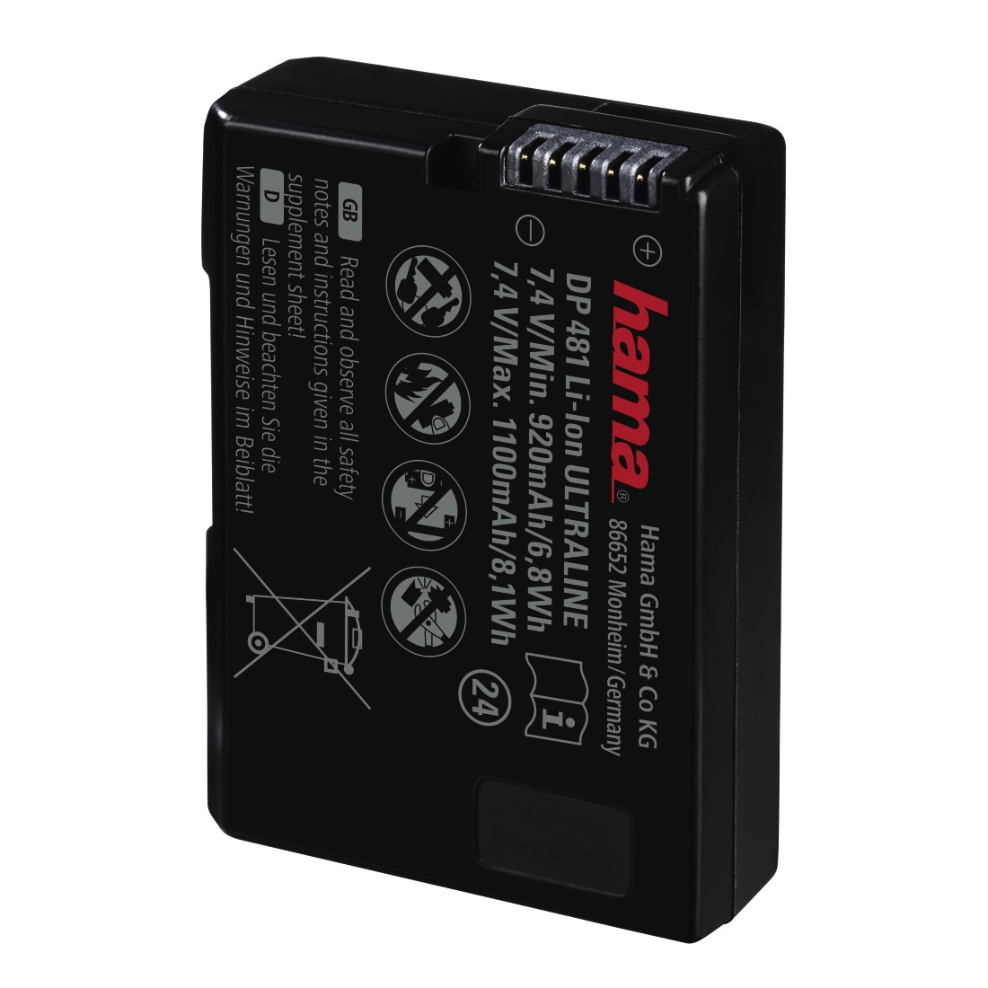 Batterie Hama noire avec texte blanc. Comprend tension, capacité et consignes de sécurité. Le logo Hama est rouge.