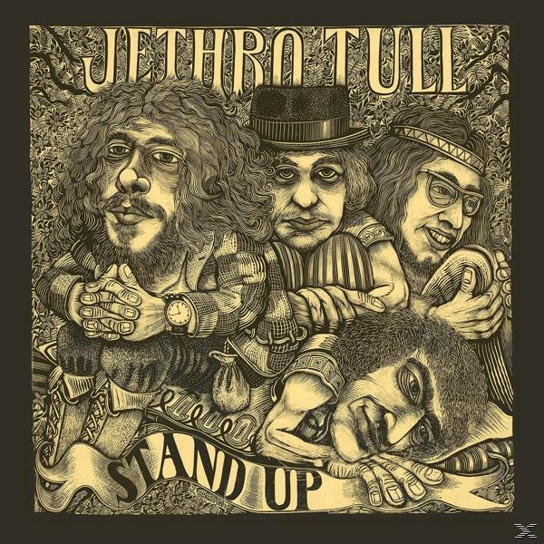 Albumcover von Jethro Tull, vier Männer in Schwarz-Weiß-Zeichnung. Titel 'Stand Up' auf einem Banner.