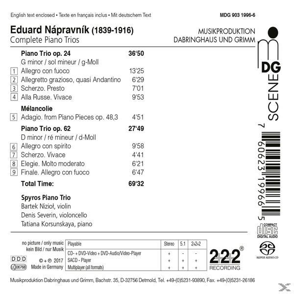 Musik-CD, weißer Hintergrund. Liste der Klaviertrios. 'Eduard Napravnik' ist der Haupttitel. Schwarz-weißer Text.