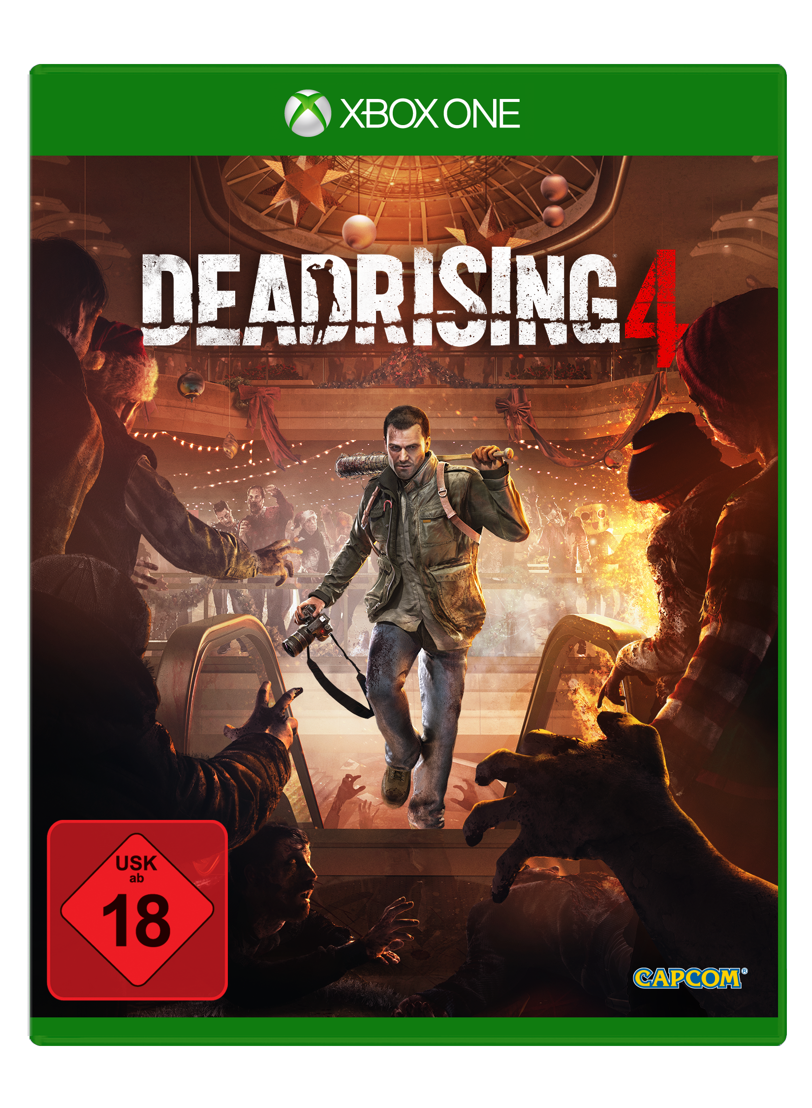 Videospiel-Cover 'Dead Rising 4' mit einem Mann mit Schläger und Zombies.