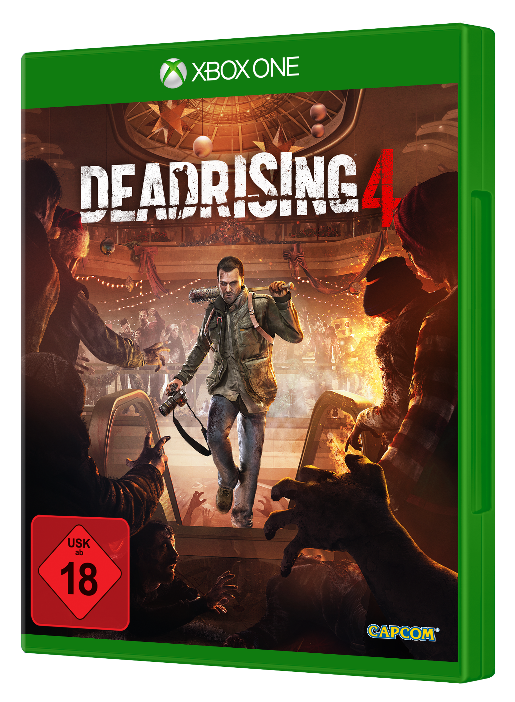 Dead Rising 4 Spielverpackung. Mann mit Waffe, umgeben von Zombies. Grüne Box mit roter Bewertung.