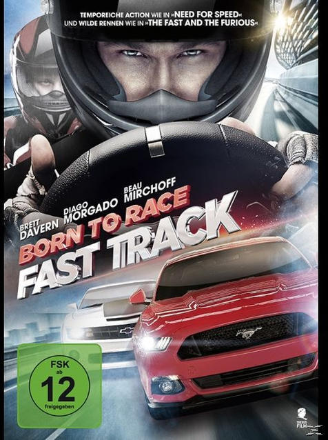 DVD-Cover von 'Born to Race: Fast Track'. Autos und ein Fahrer.