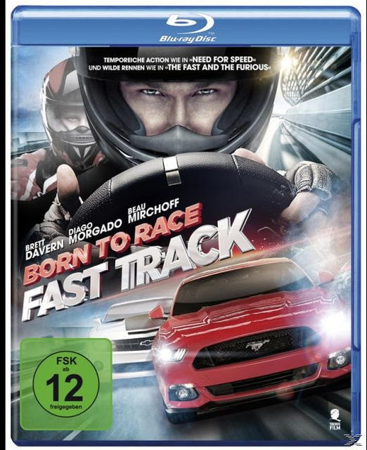 Blu-ray-Disc-Hülle mit Rennwagen und einem Mann mit Helm, Titel 'Born to Race Fast Track' auf blauem Hintergrund.