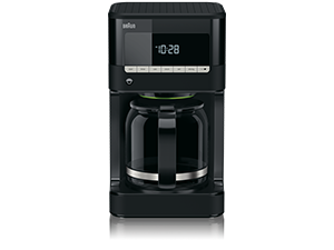 Black coffee maker with a glass carafe. Display shows 10:28. Isolated on a white background.