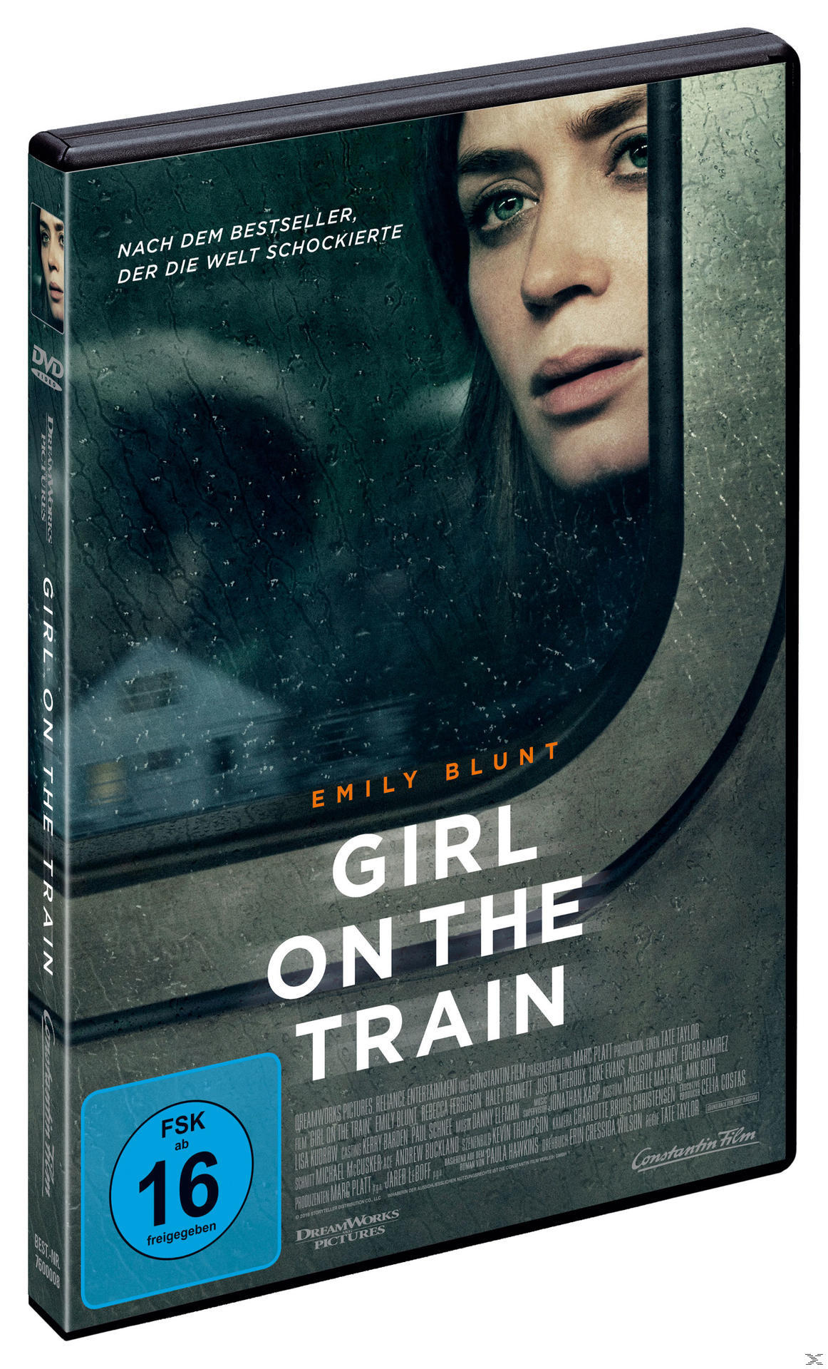 DVD-Hülle: Girl on the Train. Zeigt Emily Blunt. Text ist auf Deutsch und Englisch.