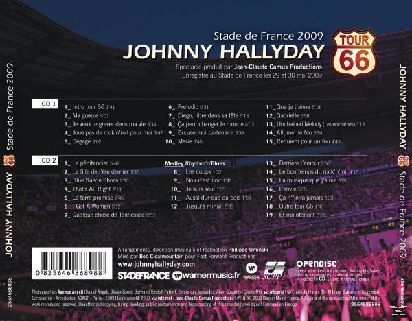 Dos d'un CD de Johnny Hallyday, liste des titres, logo Tour 66 rouge, fond de stade, accents violets.