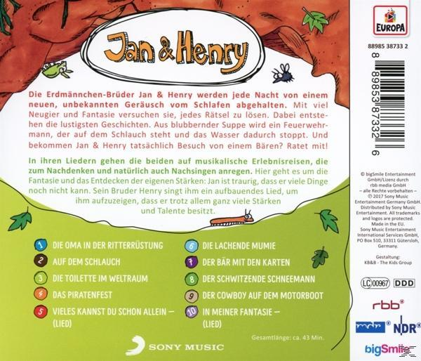 CD-Cover-Rückseite: Cartoon-Illustration von zwei Figuren und einem Bären. Text auf Deutsch. Titel 'Jan & Henry'.