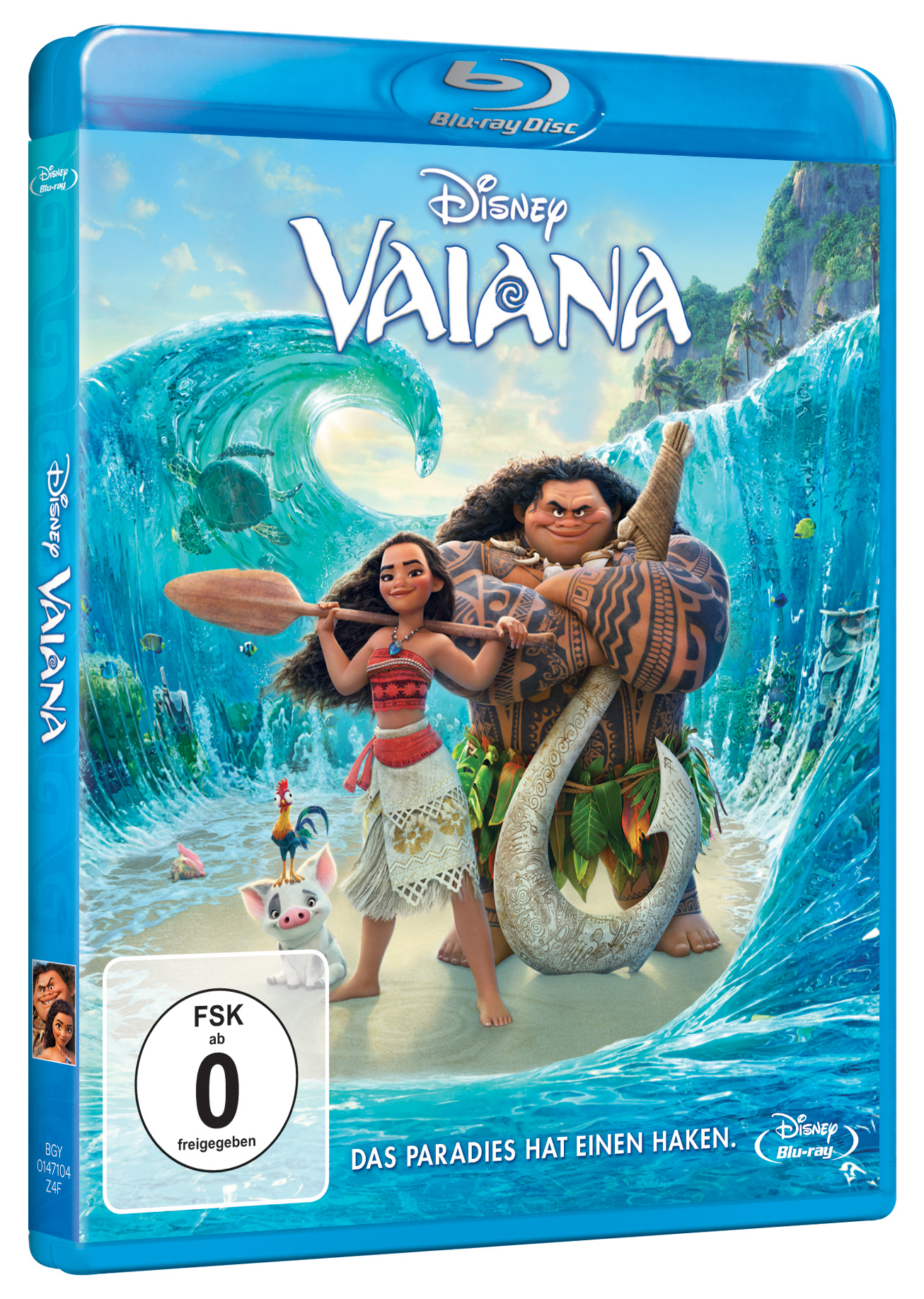 Blu-Ray-Disc-Cover für den Film Vaiana. Zeichentrickfiguren auf dem Cover.