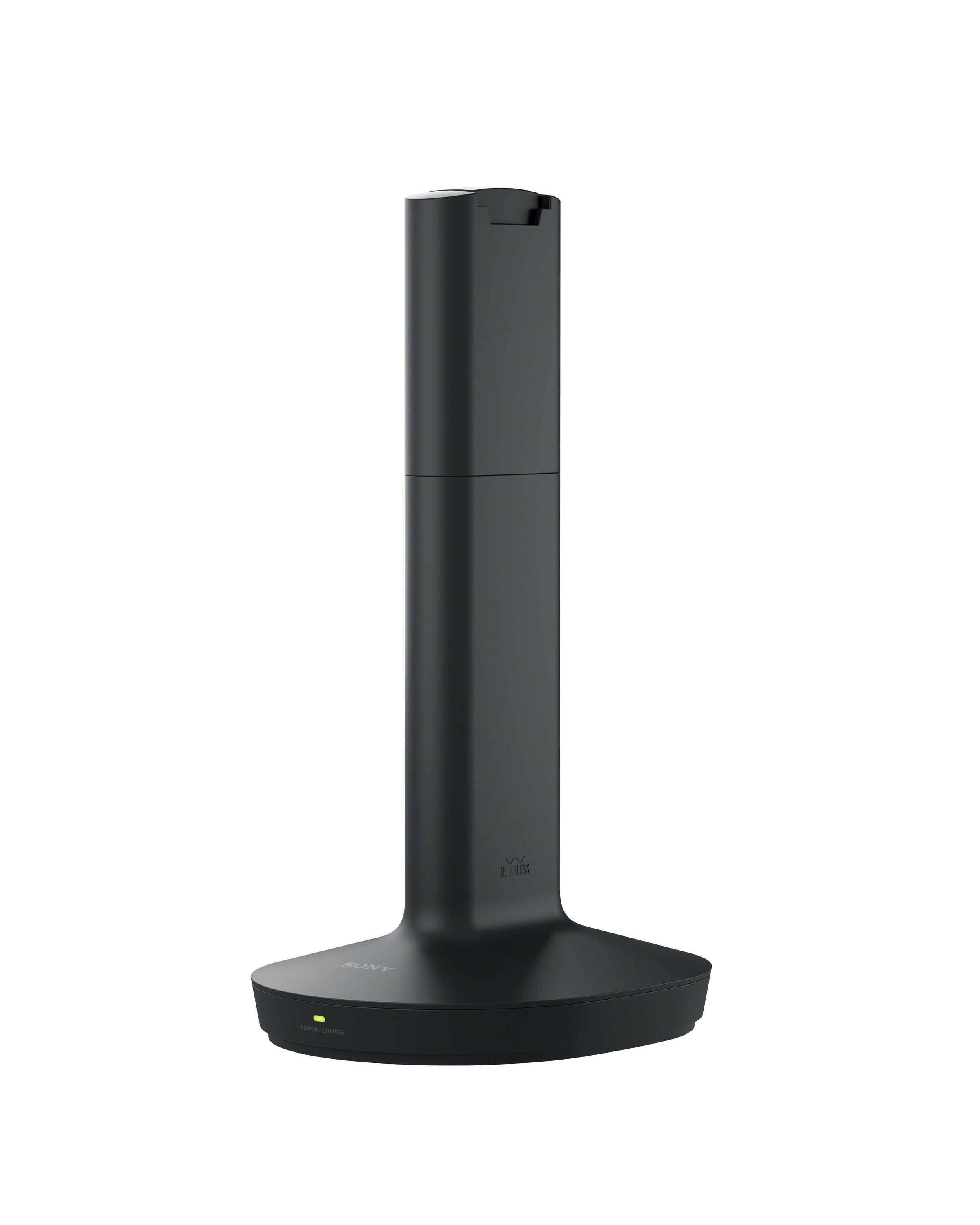 Une station de chargement noire pour un téléphone. La station est haute et cylindrique avec une large base.