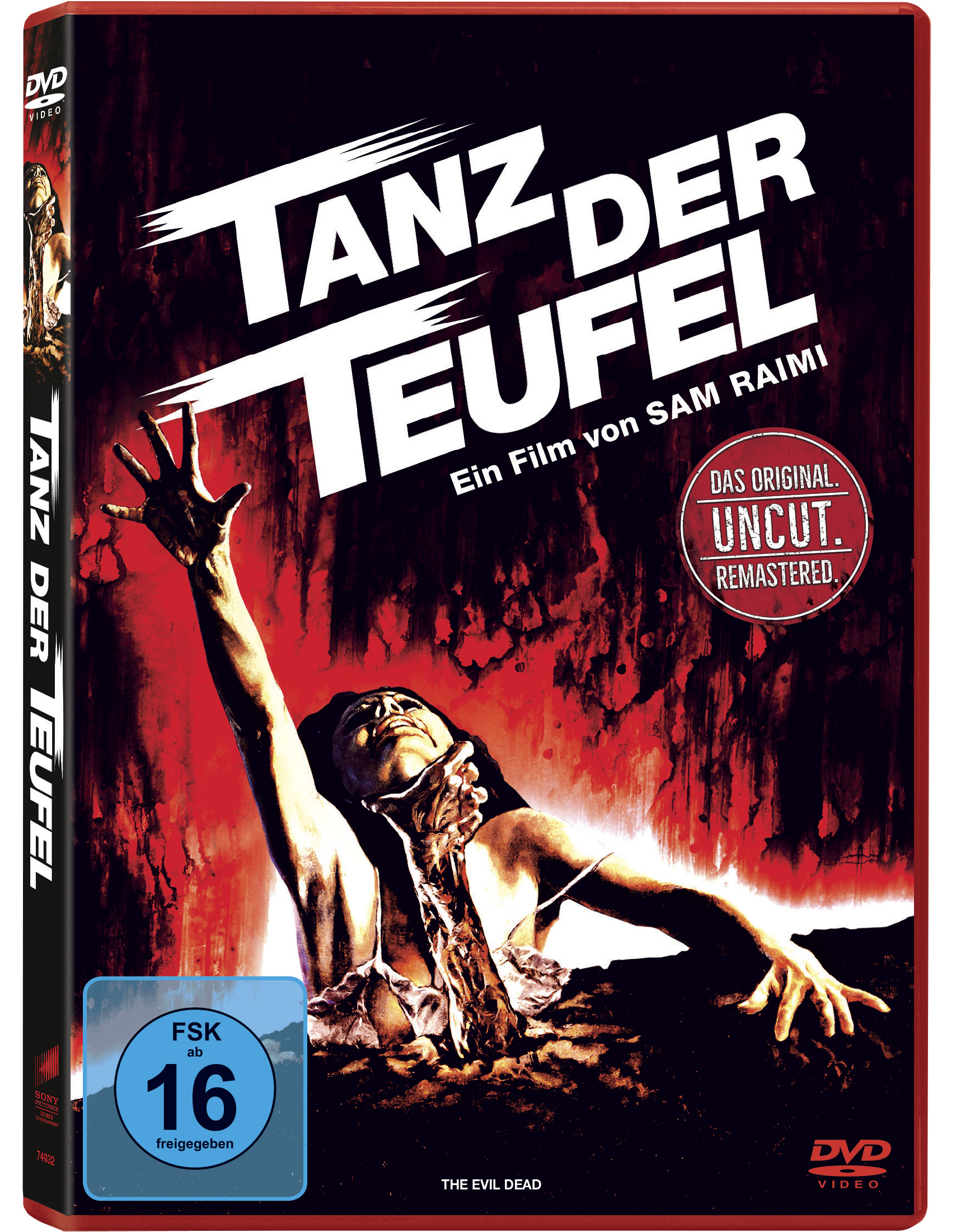 DVD-Cover von 'Tanz der Teufel'. Eine Frau greift aus, Text oben. Roter Hintergrund und schwarzer Rand.