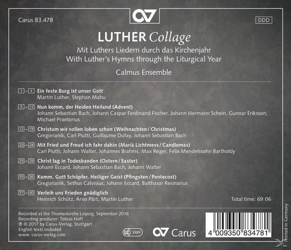 CD-Rückseite: Luther Collage mit Texten und Titelliste. Carus Calmus Ensemble.