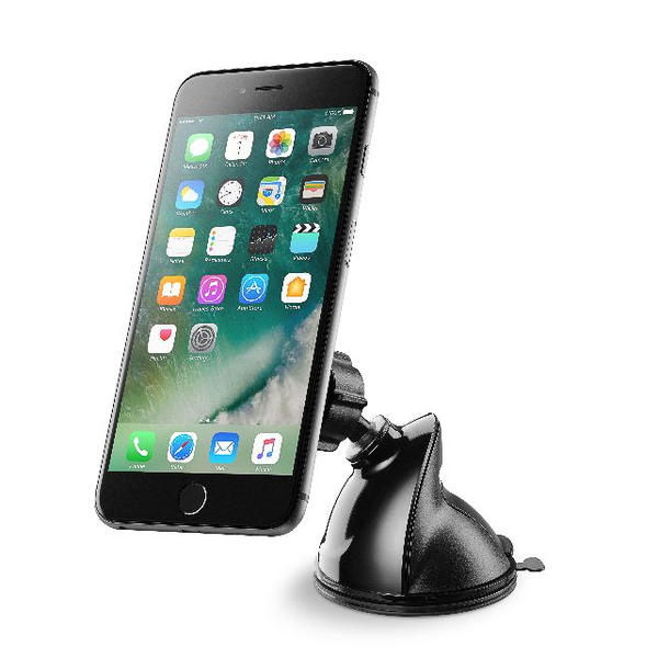 Ein schwarzes Smartphone ist auf einem Saugnapf-Autohalter montiert, App-Symbole sind sichtbar.