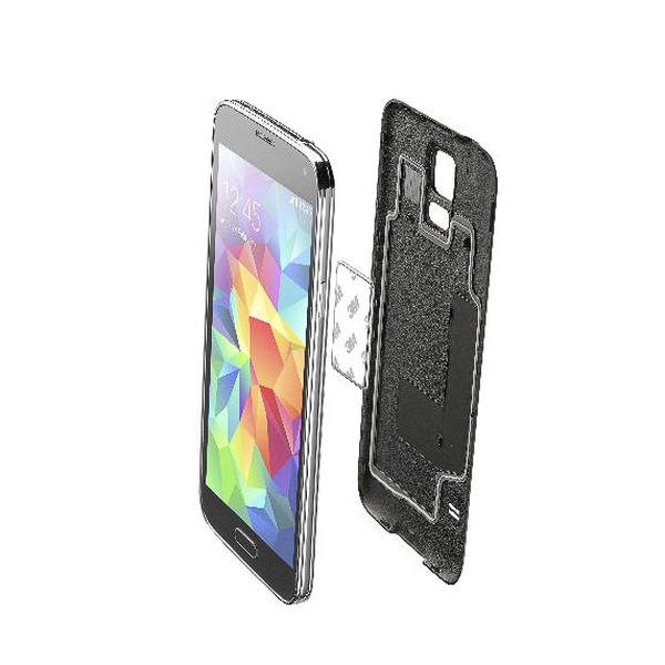 Smartphone mit farbenfrohem Bildschirm neben einer abgenommenen schwarzen Handyhülle.
