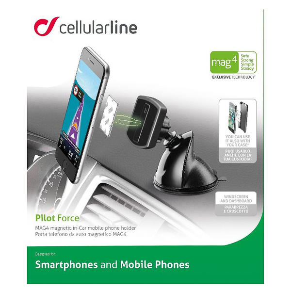 Cellularline Kfz-Telefonhalterung, Telefon mit Karte, schwarze Halterung auf Armaturenbrett.