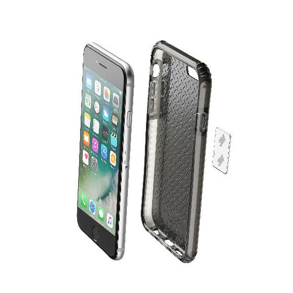 iPhone e custodia, con strisce adesive 3M. Telefono mostra icone app, custodia trasparente e nera.