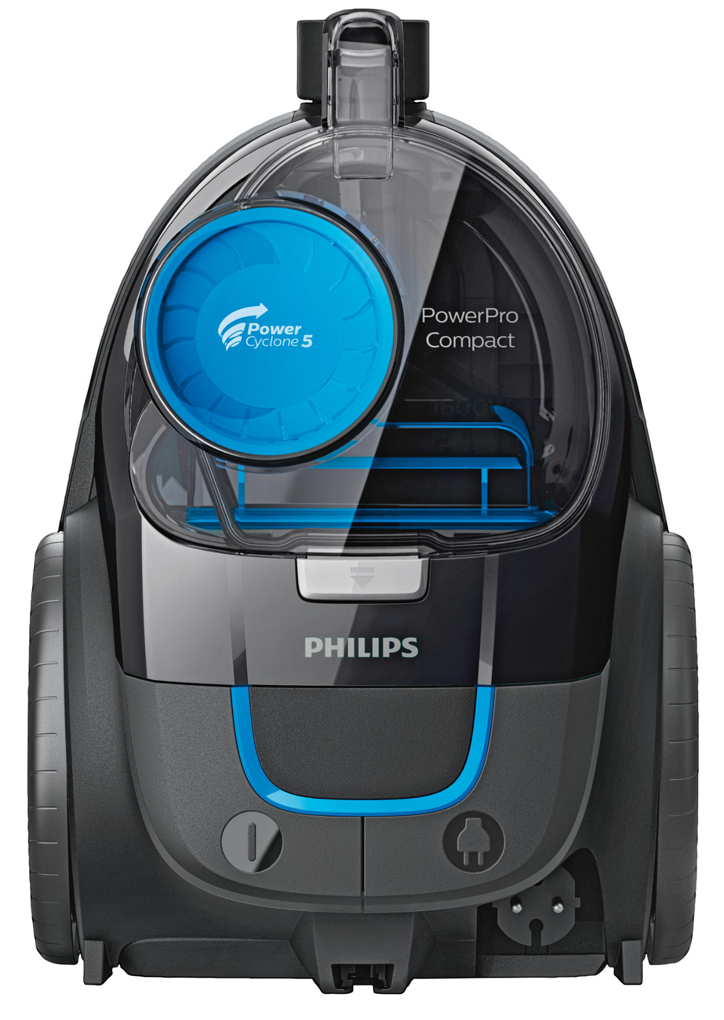 Egy fekete és kék Philips porszívó.