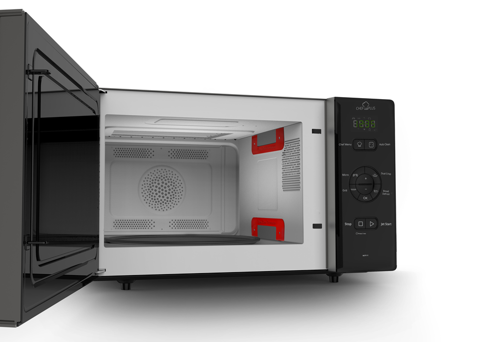 Open zwarte magnetron. Het interieur is wit met rode accenten. Bedieningspaneel aan de rechterkant.