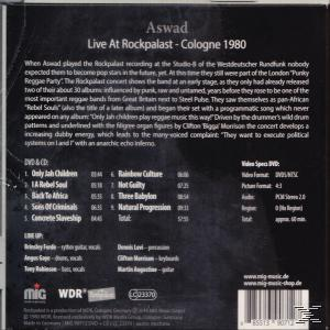 Rückseite für Aswad Live At Rockpalast. Text und Titelliste auf dunklem Hintergrund.