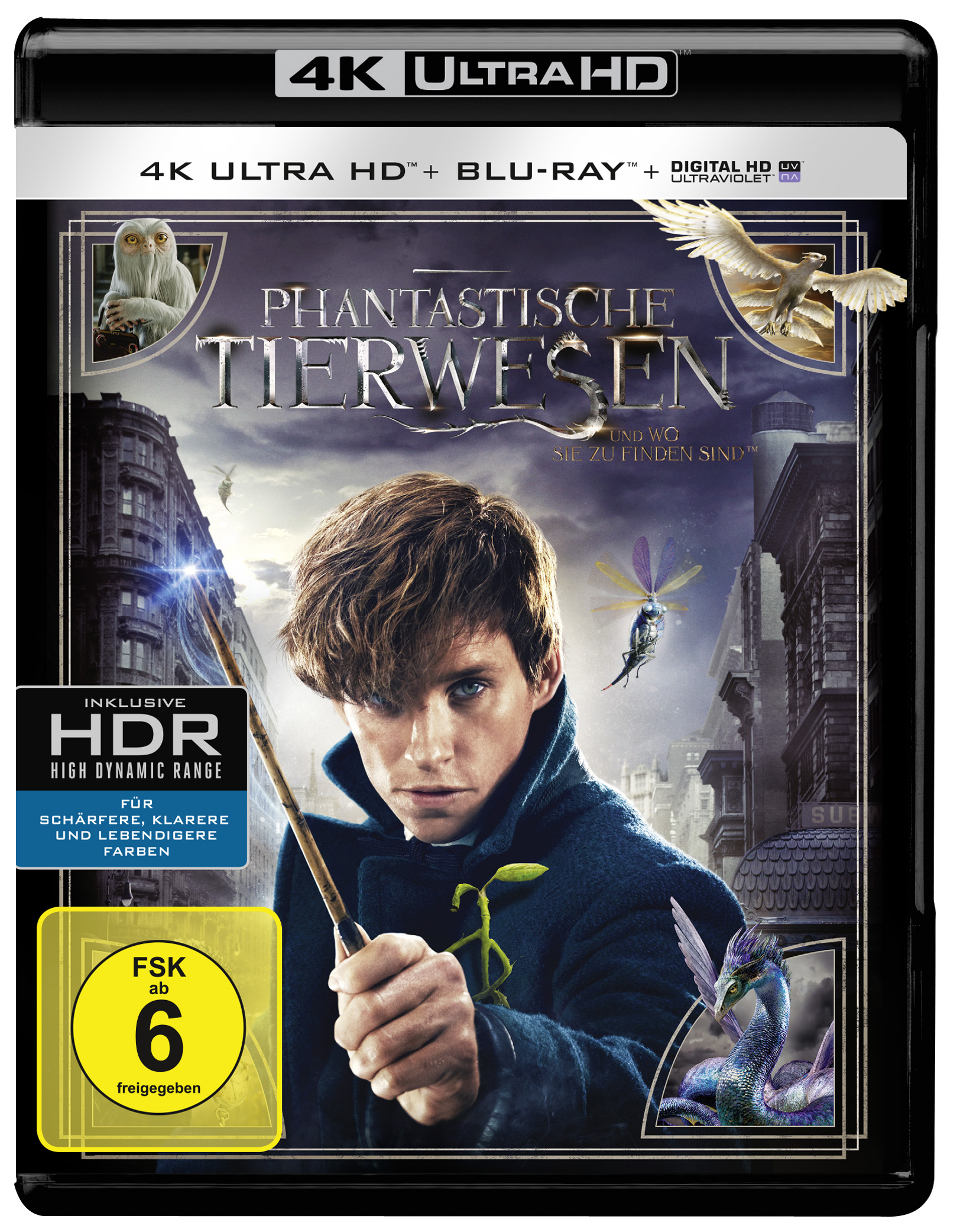Filmcover. Mann mit Zauberstab, Titel 'Phantastische Tierwesen', Kreaturen in Ecken, 4K Ultra HD, Blu-ray.