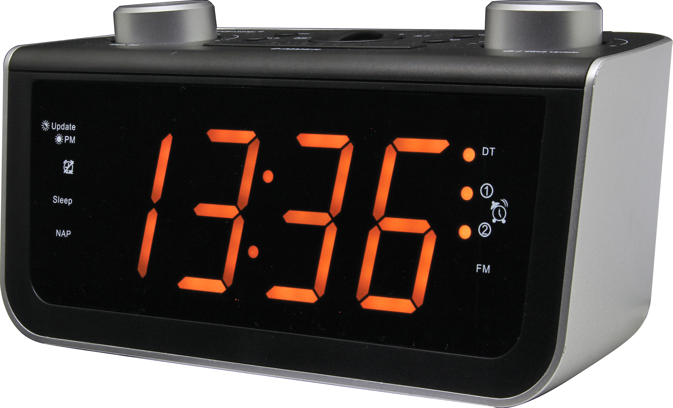 Ein digitaler Wecker mit der Anzeige 13:36, mit silbernem Rahmen und schwarzem Ziffernblatt, auf weißer Oberfläche.
