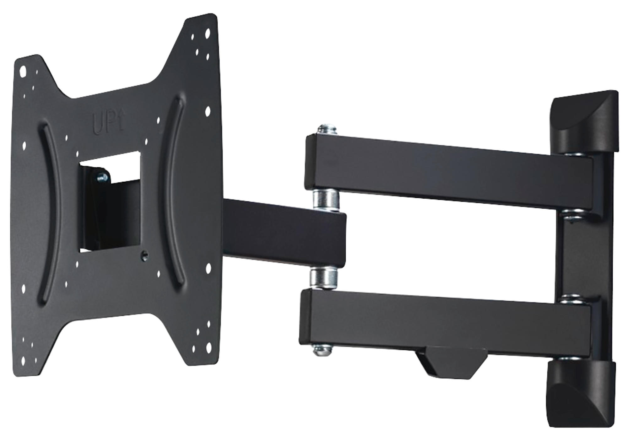 Czarny uchwyt ścienny do telewizora z wieloma przegubami i kwadratową płytą montażową. Widoczna jest marka 'UPY'.
