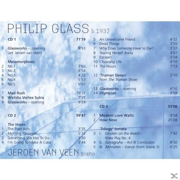 Albumcover mit Text, darunter 'Philip Glass', einer Titelliste und weißem Hintergrund.