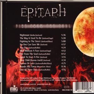 CD-Rückseite für Epitaphs Fire From The Soul. Titelliste mit Flammen und Mondkunstwerk. CD in einem Gehäuse.