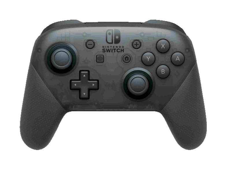Szürke Nintendo Switch Pro kontroller. Gombok: plusz, mínusz és home. A joystickok és a markolat sötétszürkék.