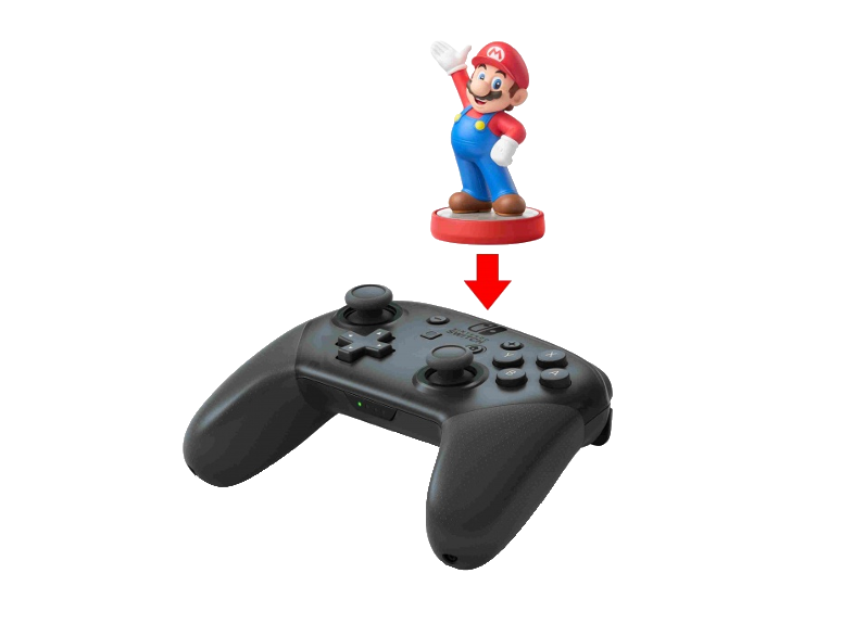 Mario figura egy fekete Nintendo Switch kontroller tetején. Egy piros nyíl lefelé mutat.