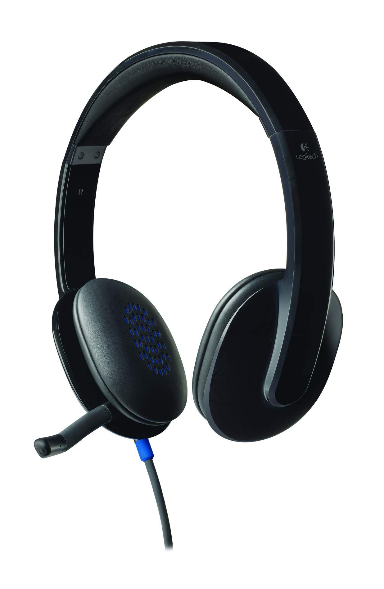 Black Logitech headset with microphone, blue cable, and earcups. White background. 
