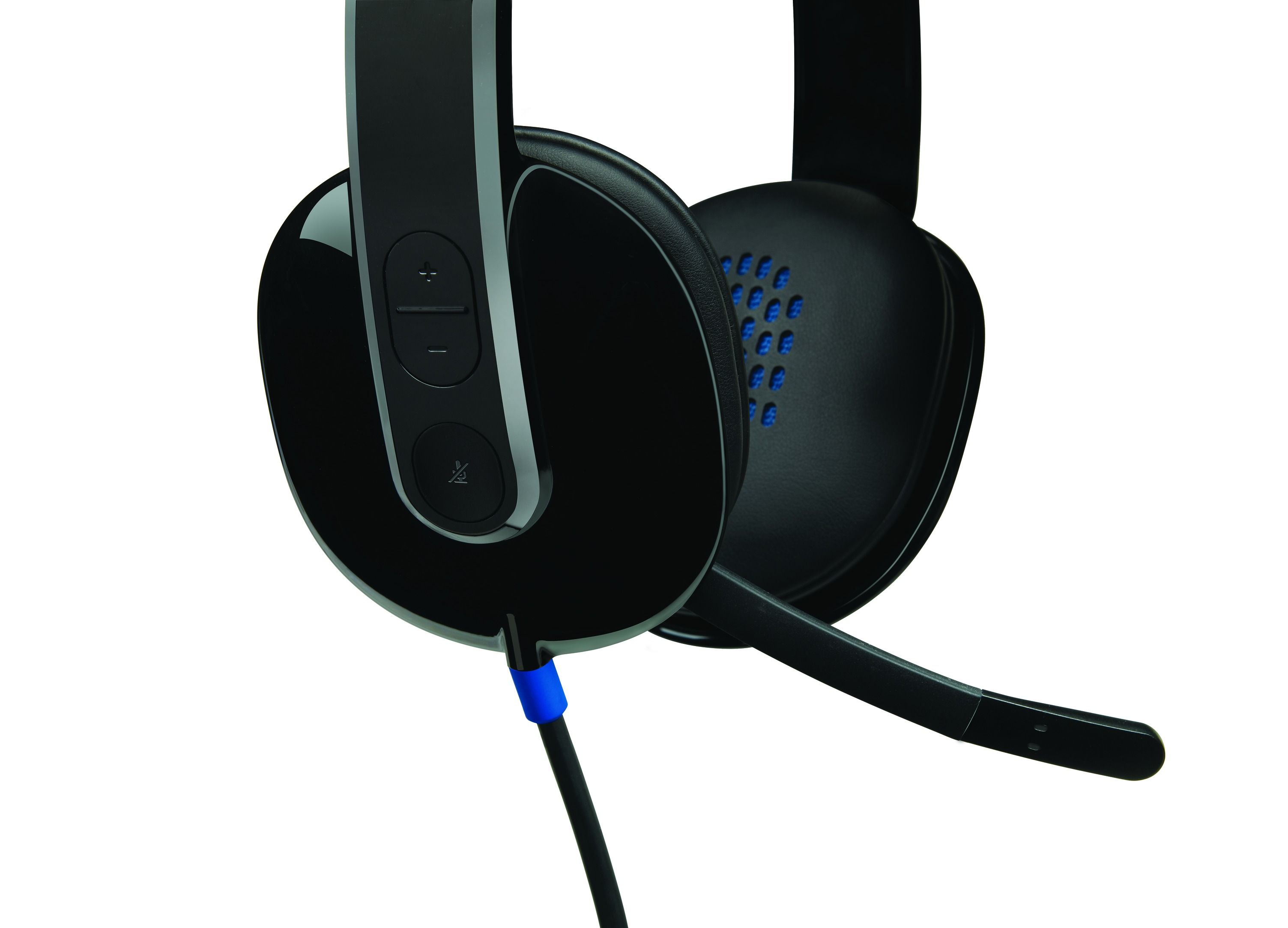 Black headphones with a blue cable and a microphone.