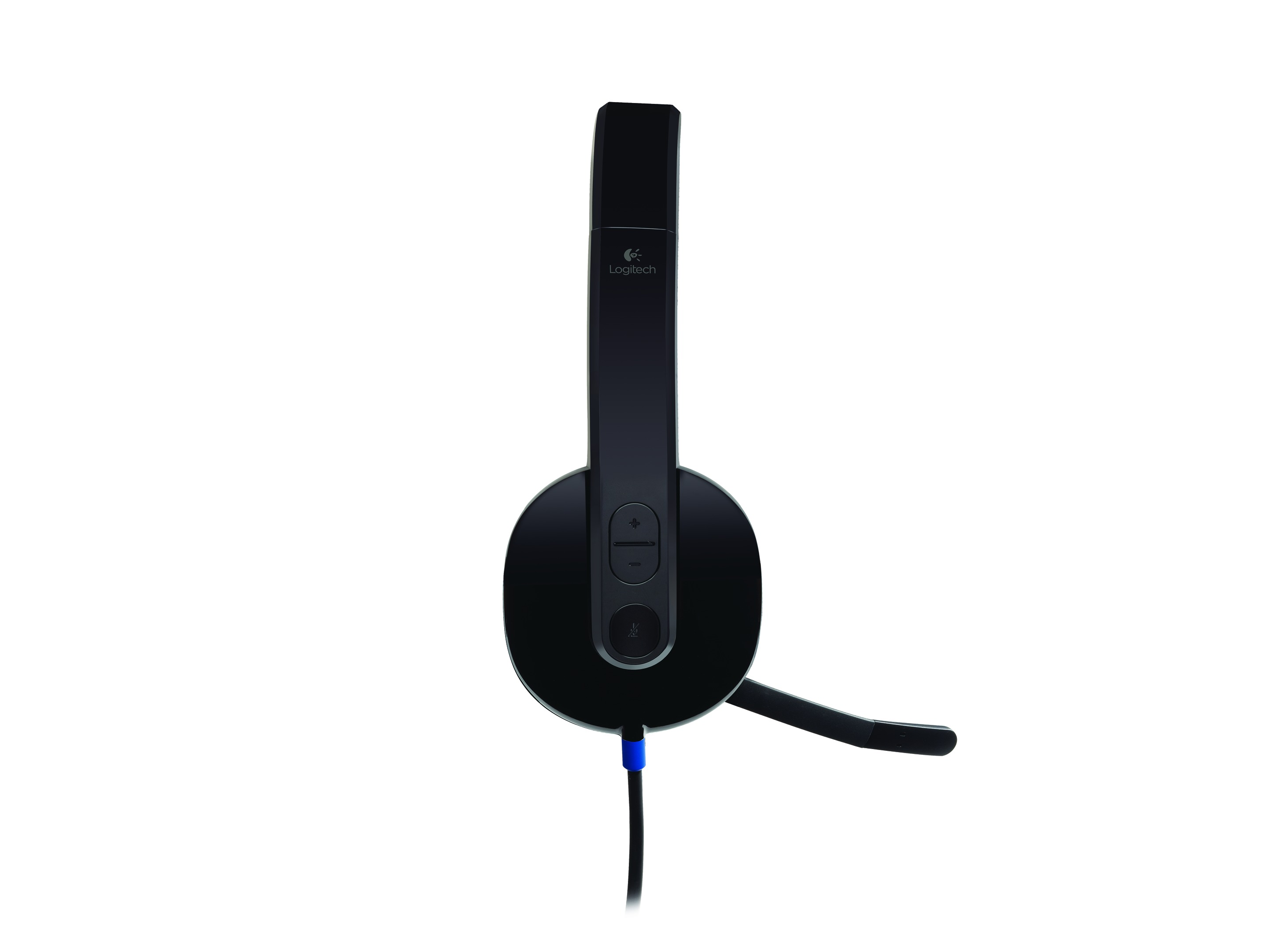 A black Logitech headset with a microphone, blue wire, and control buttons.