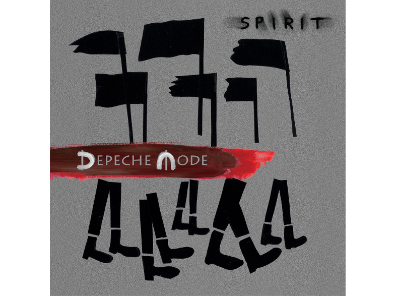 Depeche Mode album borító. Fekete zászlók és menetelő lábak. Piros sáv a zenekar nevével.
