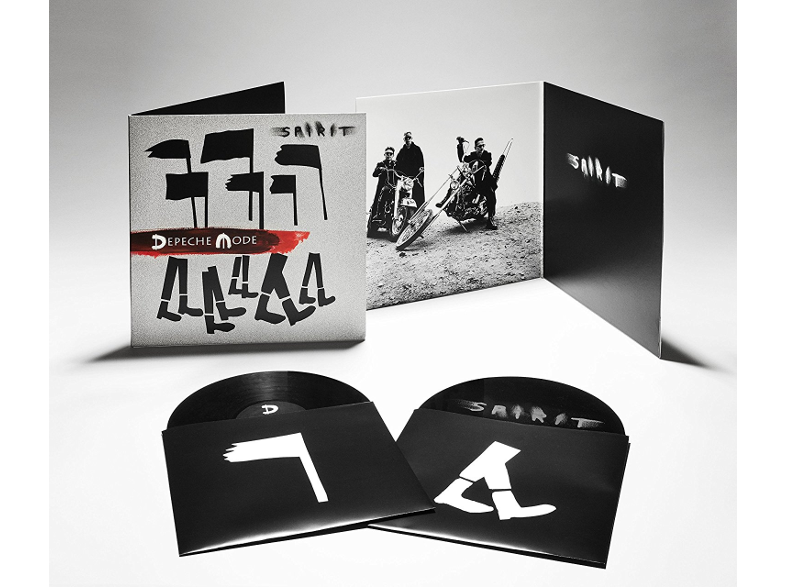 Depeche Mode 'Spirit' albuma nyitva fehér háttéren, fekete-fehér borítóval és két bakelit lemezzel.