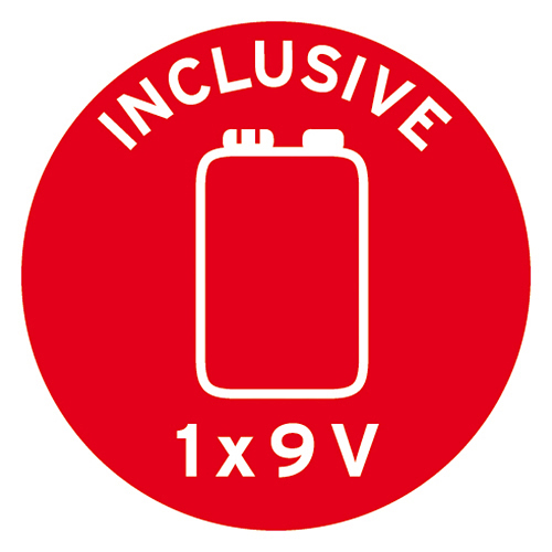 Roter Kreis mit weißem Text und einem schwarzen Batteriesymbol, der Text lautet 'INCLUSIVE 1x9V'.