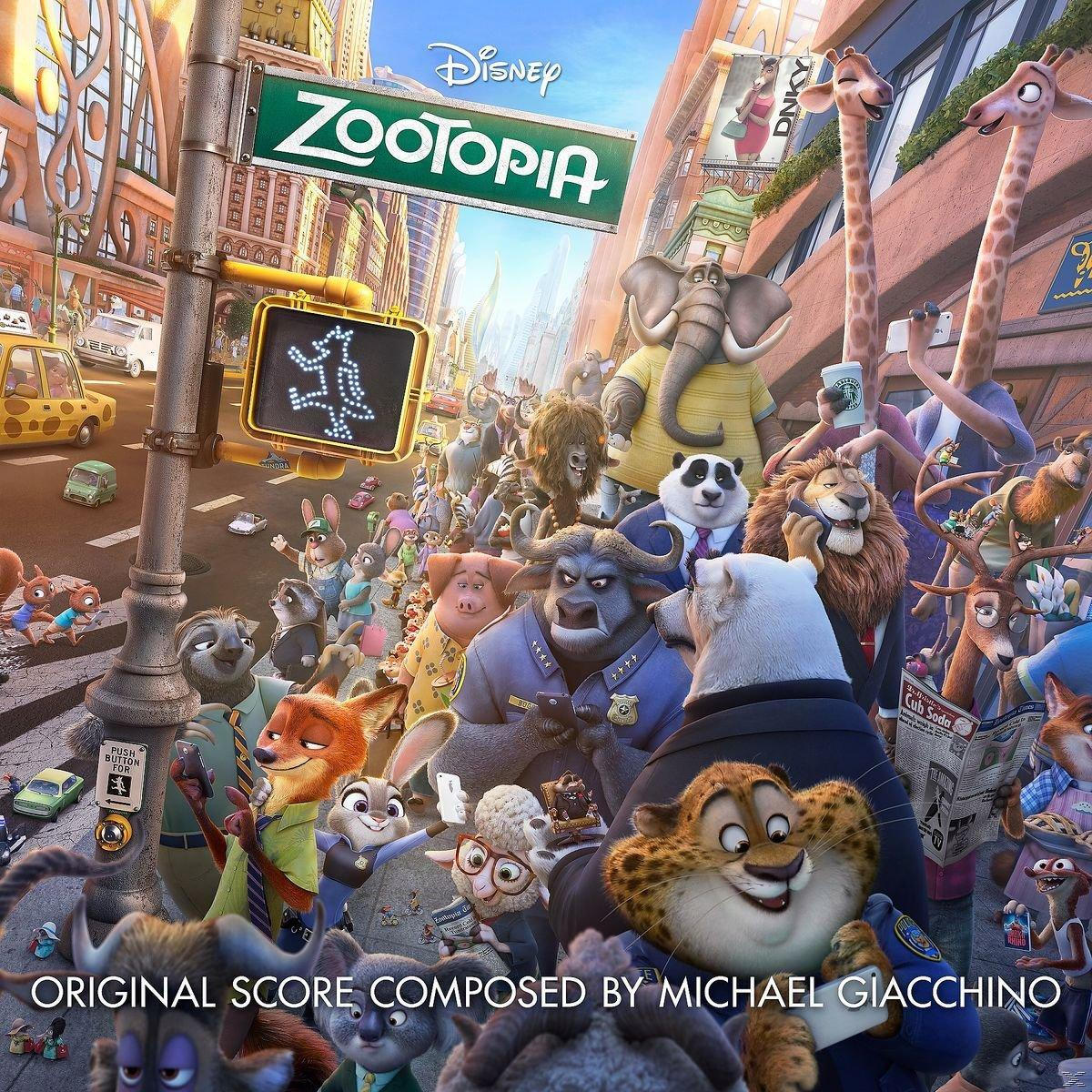 Zootopia filmposter met veel dierenfiguren op een stadsstraat.