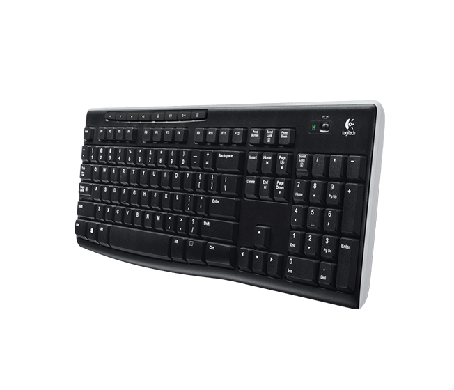 Zwart Logitech-toetsenbord met witte rand, schuin op zwarte achtergrond. Toetsen zichtbaar.