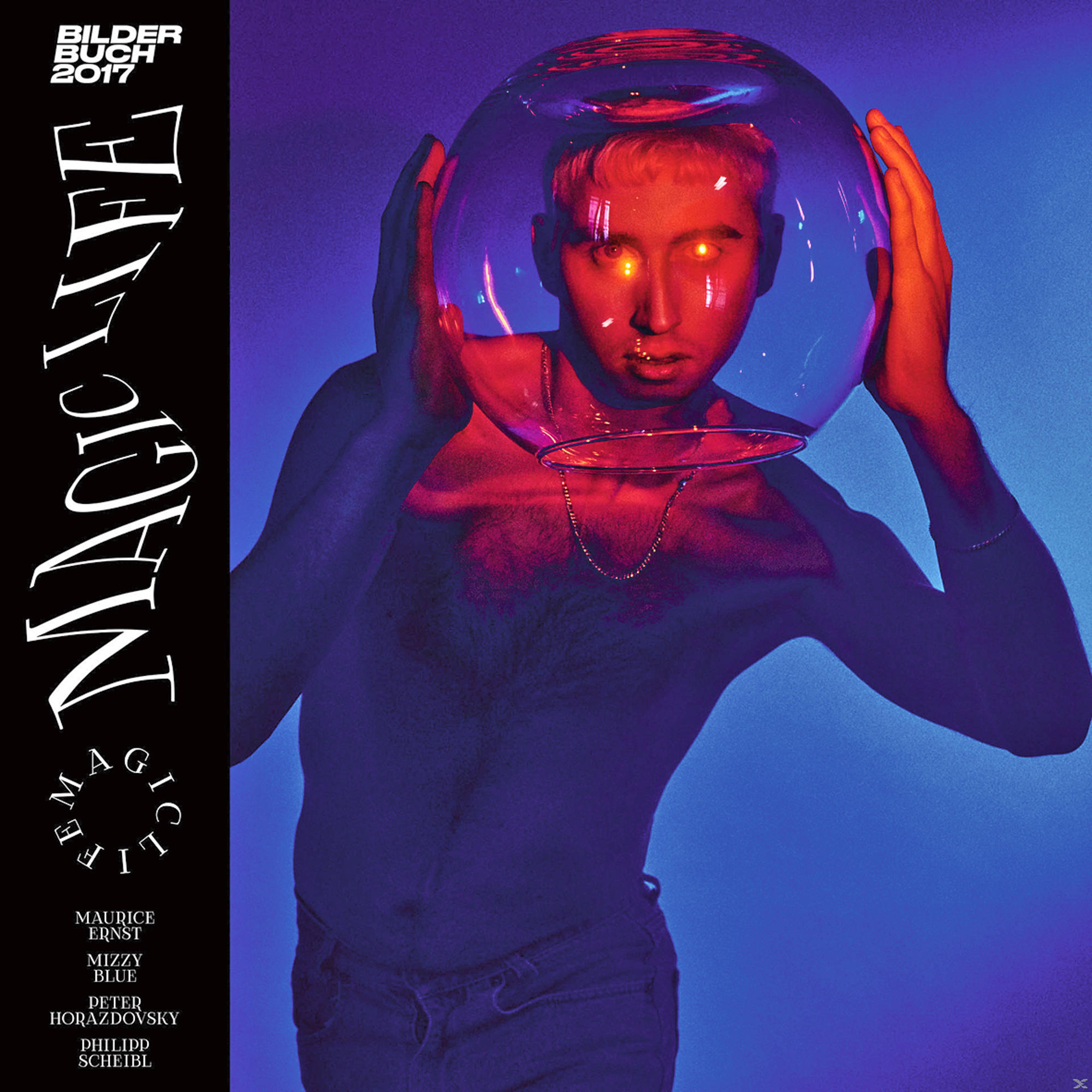 Albumcover mit einem Mann in einer Blase, blauen und roten Lichtern und Text.