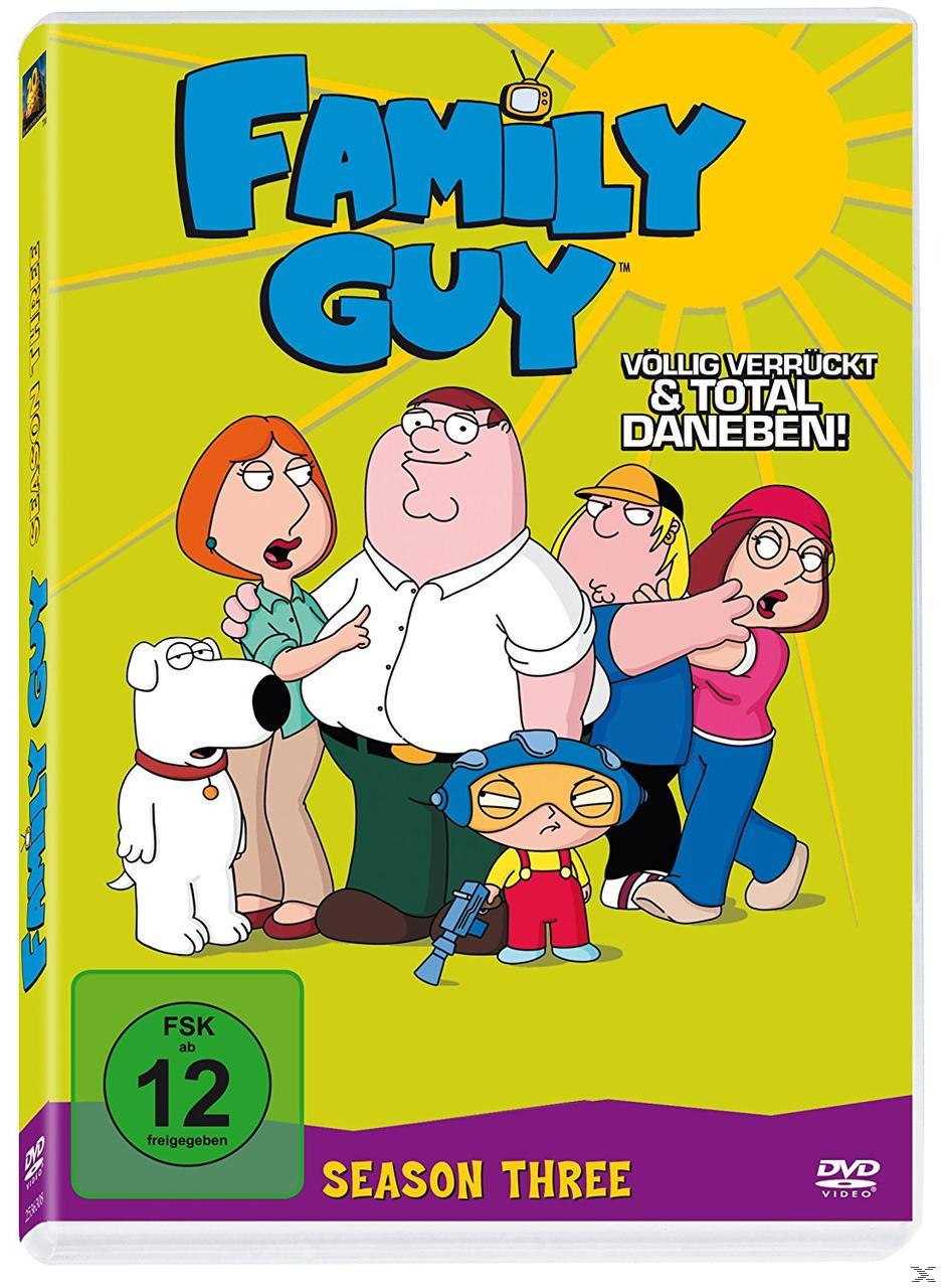DVD-Cover für 'Family Guy: Season Three'. Hauptfiguren mit grün-gelbem Hintergrund.