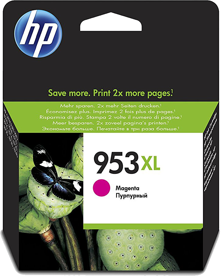 HP 953XL Magenta ink cartridge. Black and white packaging, butterfly on lotus flowers.