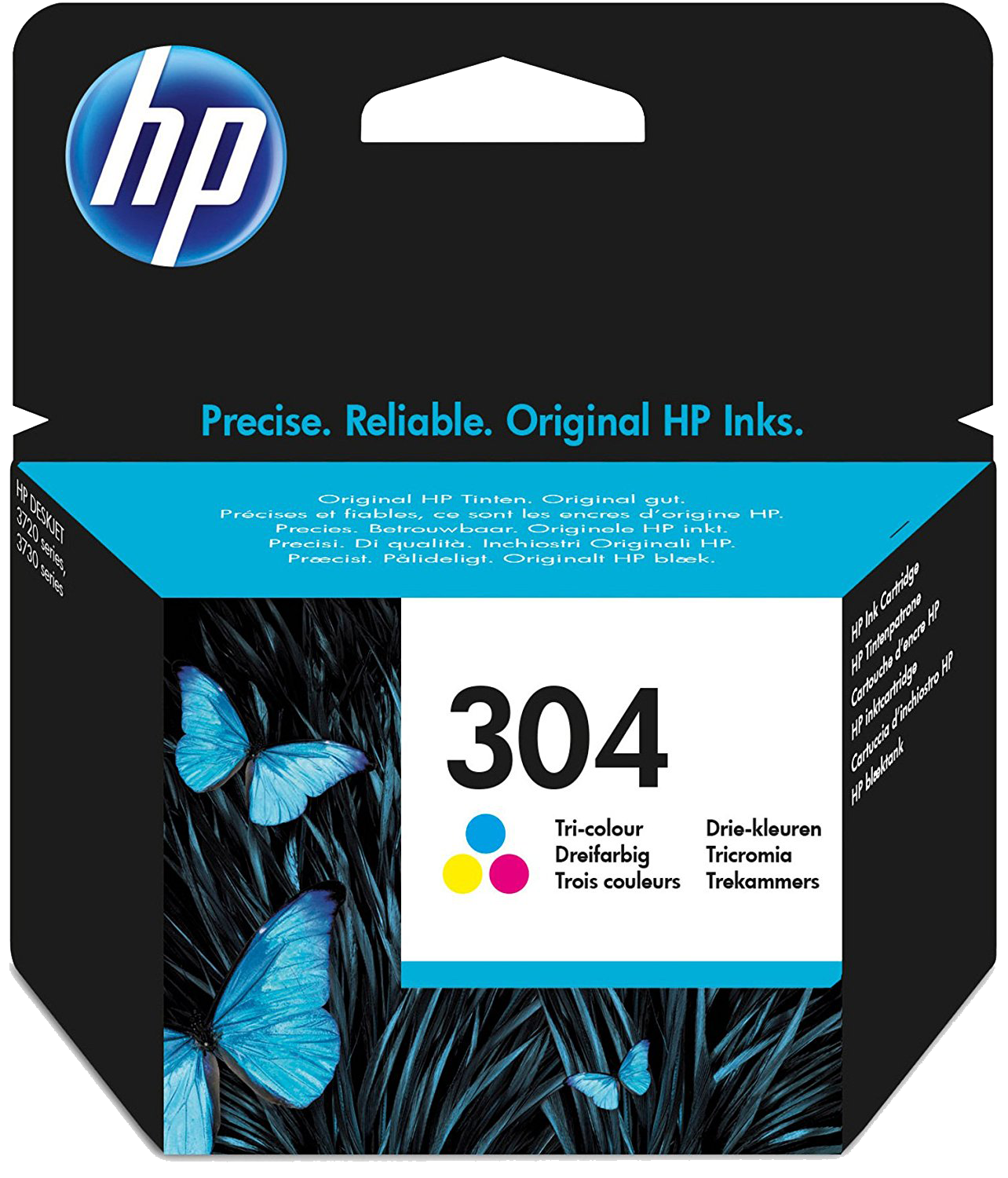 Boîte de cartouches d'encre HP avec des papillons et des informations sur le produit en plusieurs langues.