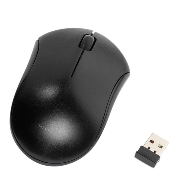 Schwarze kabellose Computermaus mit USB-Empfänger auf weißem Hintergrund.